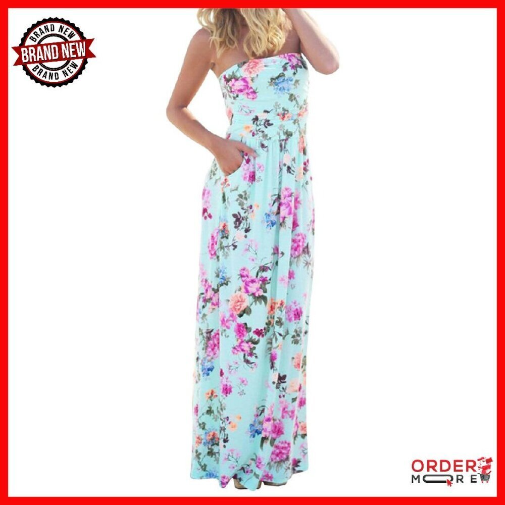 Strapless Tube Top Maxi Dress with Pockets - Floral Boho Beach Dress